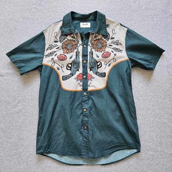 Boozelele Men's Western Shirt Size Large Pistolero Flowers Turquoise Button Up - Picture 1 of 5